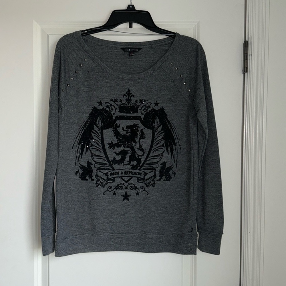 Rock & Republic Graphic Stud & Glitter Long Sleeve Sweatshirt.